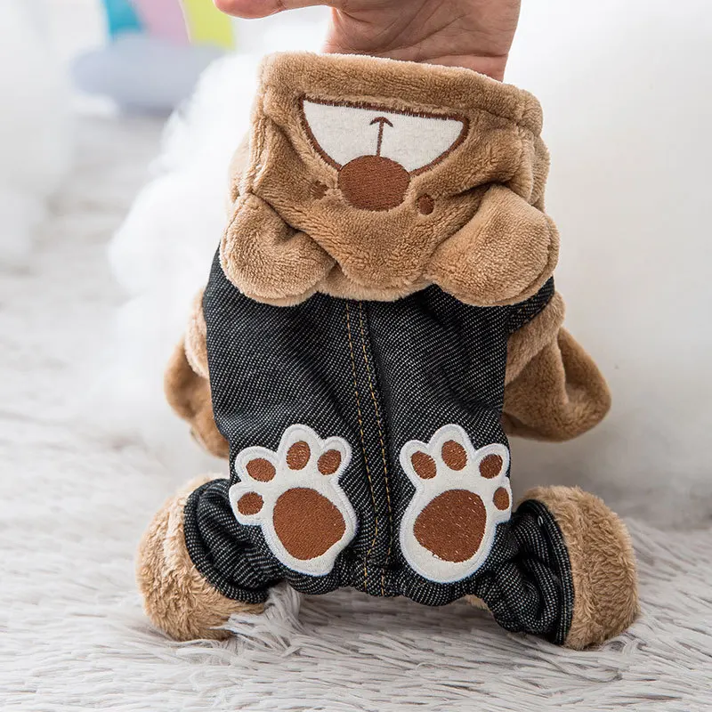 Winter Thick And Warm Cute Pet Clothes Bear Paw Print Overalls Polyester Cotton Cat Clothes