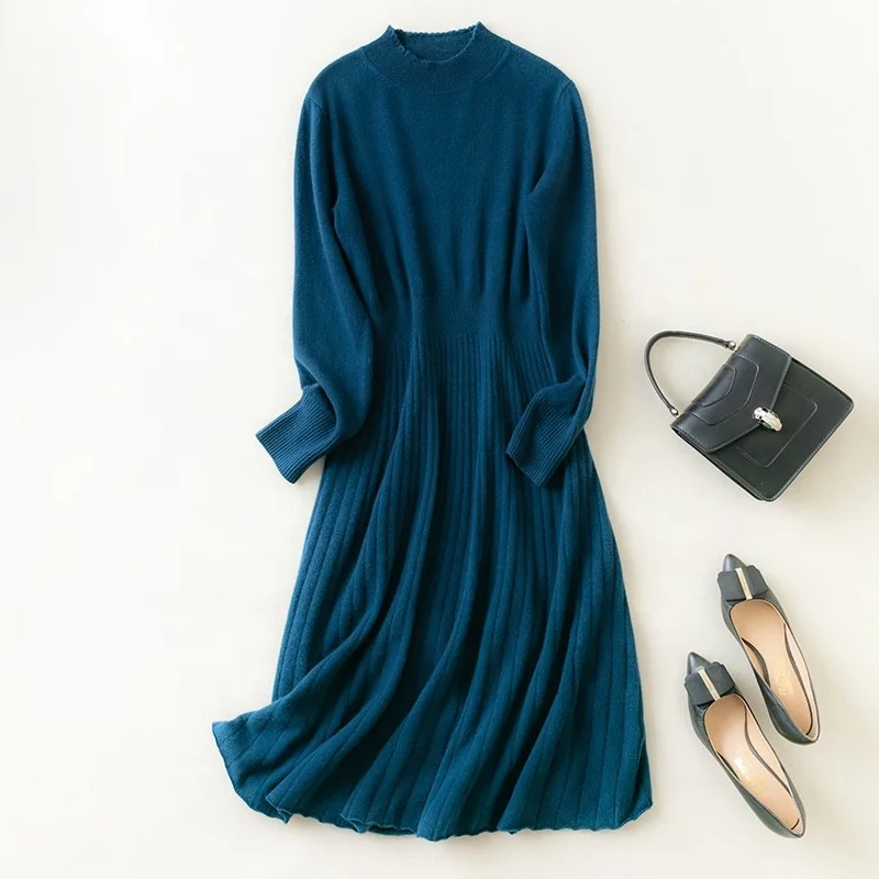 Korea style 100% wool dress long length knitted wear for women