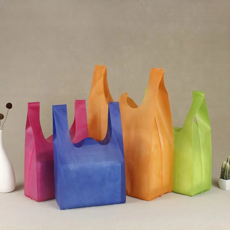 Wholesale non woven reusable w-cut vest bag grocery packaging nonwoven t shirt bag