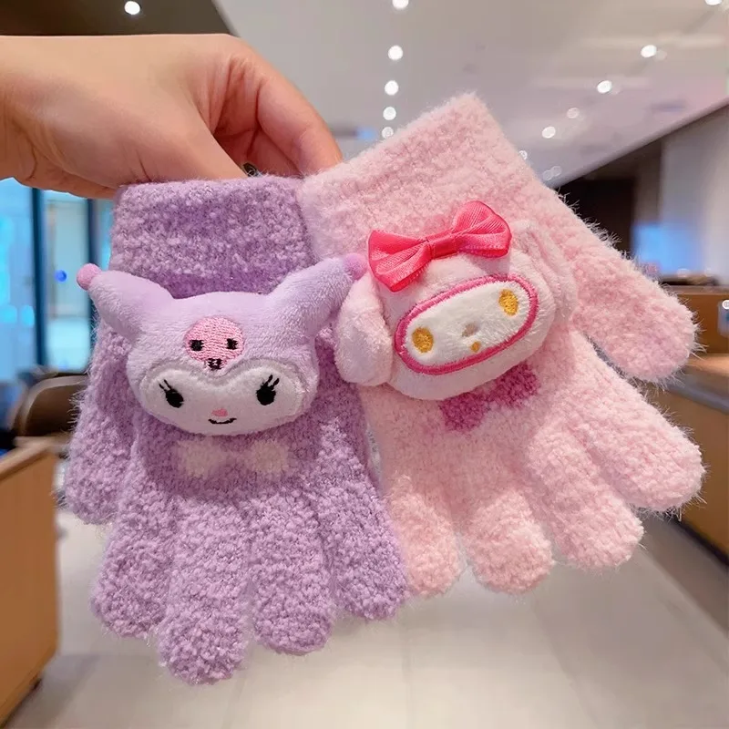 Botu kawaii Sanrioed cinnamon Children Gloves Cute Kulomi Melody  Children Thicken Warm winter Glove Student Five-finger Glove