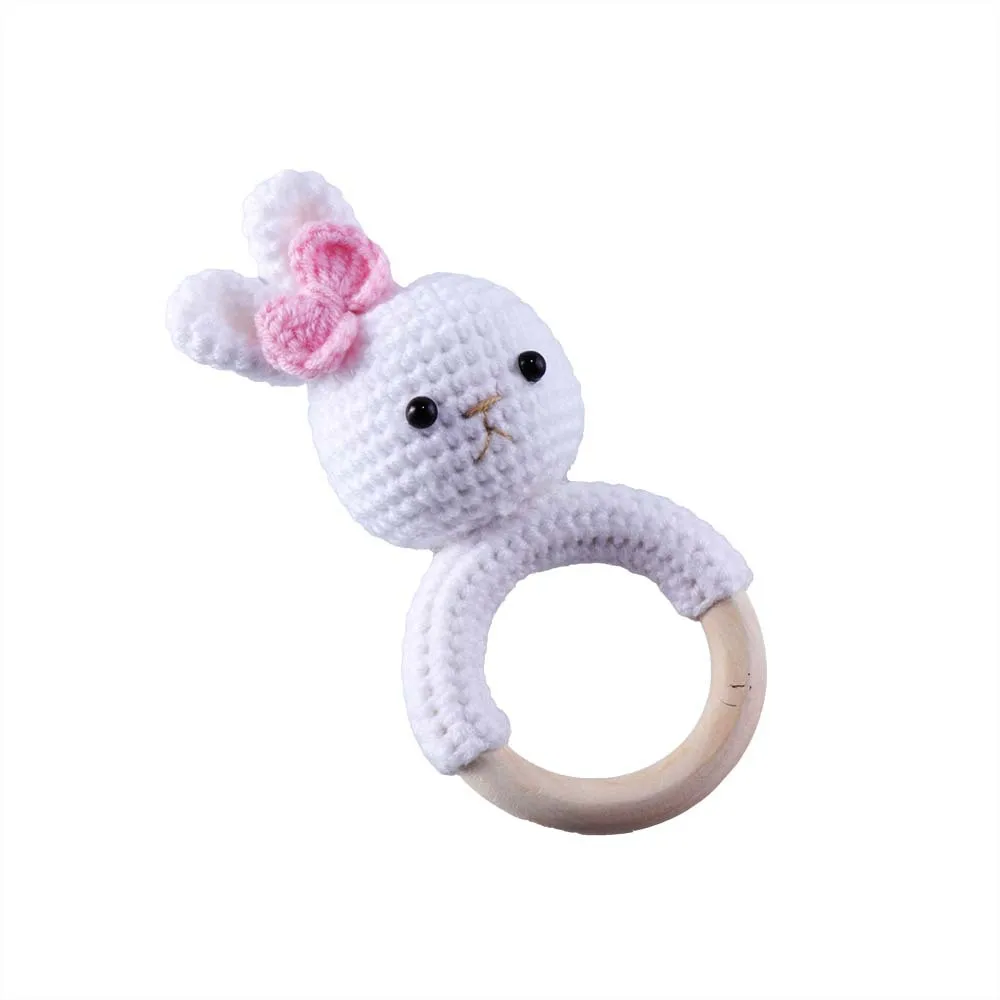 Wholesales Crochet Teether Baby Bracelets Wooden Teether Toys Baby Wooden Big Rabbit Teether Ring Customized