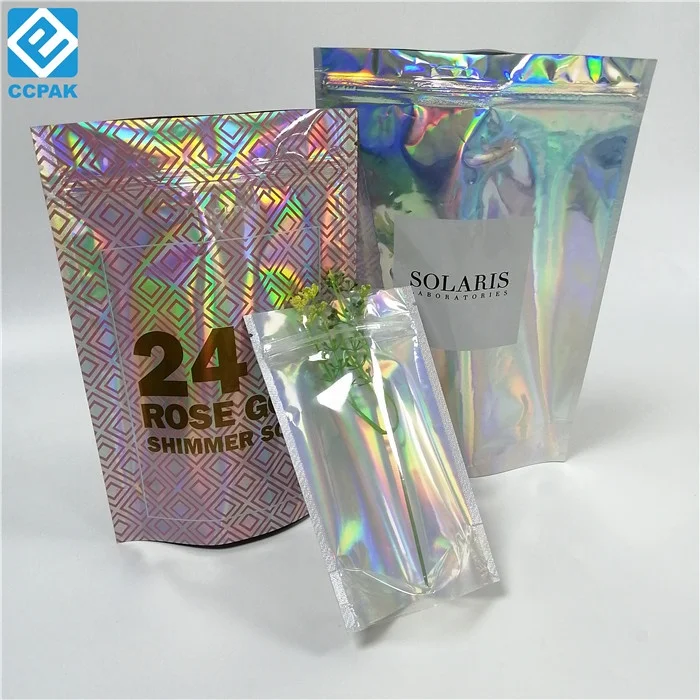 Doy pack hologram pouches transparent clear front logo white printing OEM nail polish packaging bags