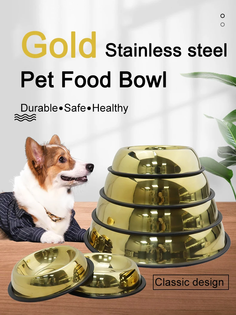 Wholesale Gold Color 304 Stainless Steel Dog Bowls with Non-Slip Rubber Base Pet Bowl for Food and Water