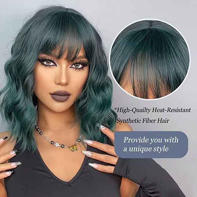 14 Inch Short Curly Mix Green Bob Wigs for Women Synthetic Wigs with Bangs ombre short curly  wig