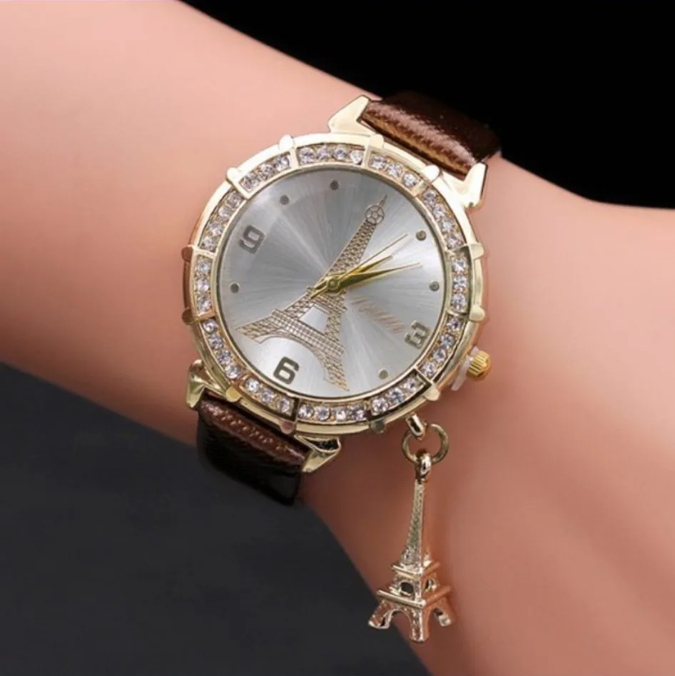 Hot sale Women Quartz Wrist The Eiffel Tower Rhinestone pendant Wrist Watch Female Clock relogio watches