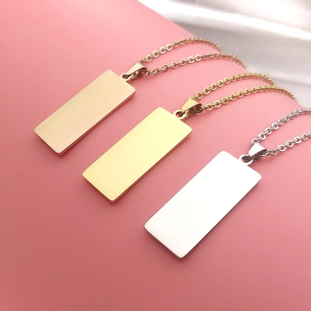 Unisex Customizable 18K Gold Plated Rectangular Mirror Stainless Steel Laser Pendant Geometric Blank Necklaces