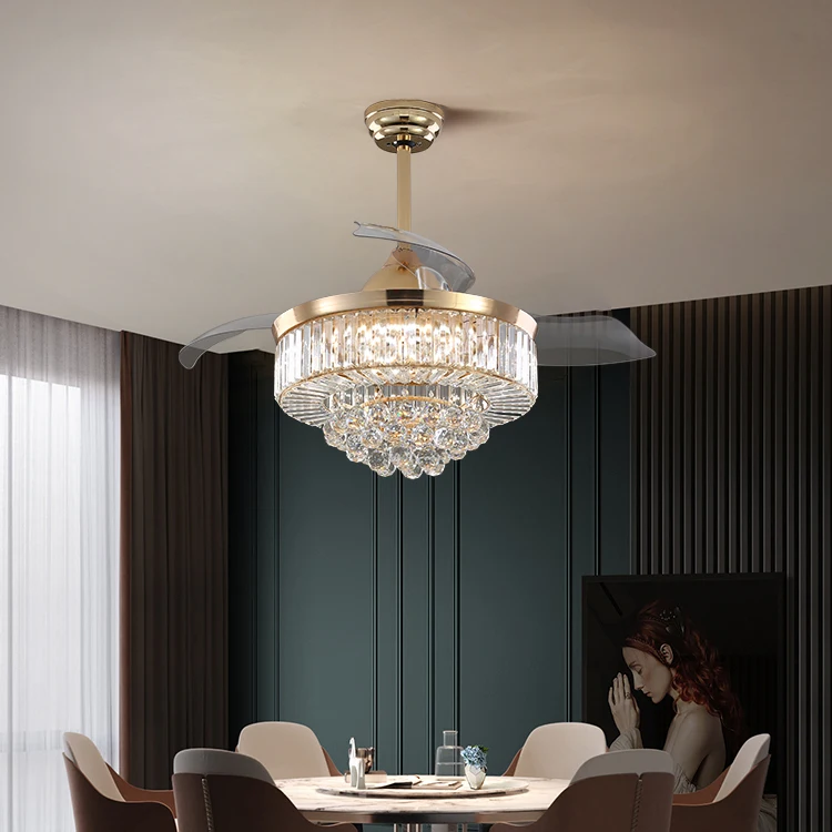 Remote Control Light Living Room Modern Crystal Retractable Blades Ceiling Chandelier With Fan