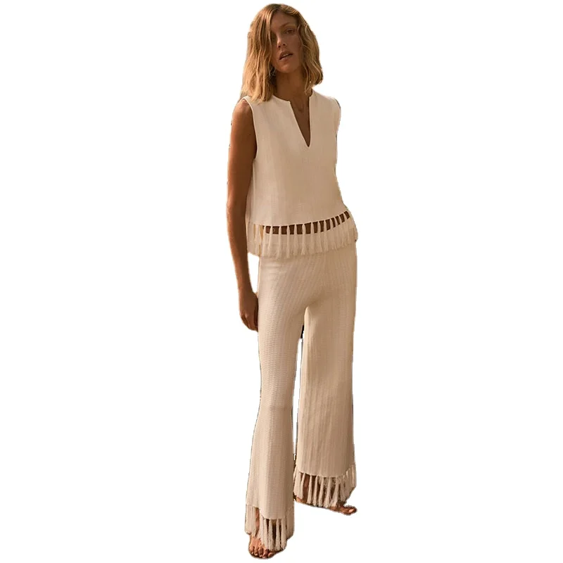 YT Women Cropped Knitted V-neck Cropped Top High-rise Wide-leg Tassel Pants Girls Sexy Two-piece Set Summer Dress Clothing Woman