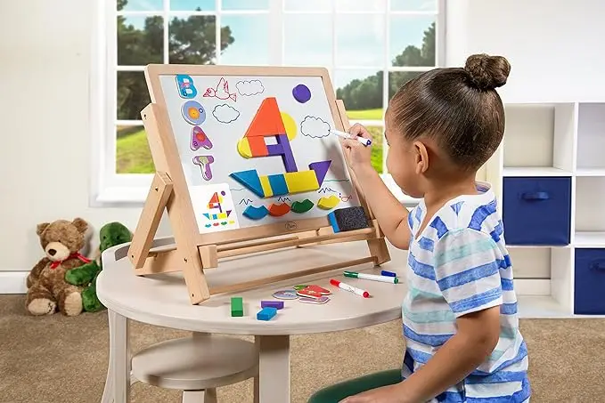 Wood Double-Sided Tabletop Easel Children Magnetic Dry Erase Whiteboard & Chalkboard, Alphabet Phonic Letters & Shapes