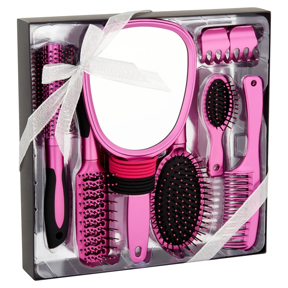Custom Logo Hair Brush Accessories Gift Set Clear Window Lid Elegant Pink Beauty Brush Tools Cardboard Box