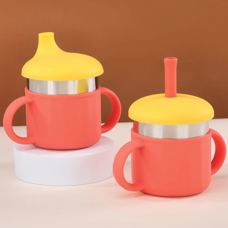 Food Grade Silicone BPA Free Non Spill Silicone 304 Stainless Steel Water Cup Baby Sippy Cup Baby Straw Cup