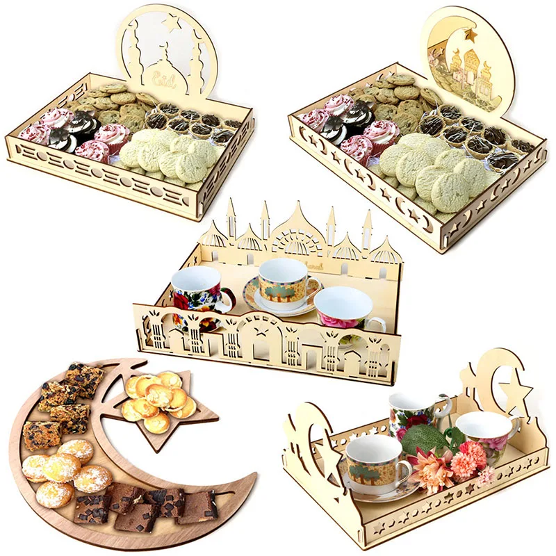 New Ramadan Kareem Decoration Dessert Plate Dishes Wooden Eid Mubarak Ramadan Serving Tray Muslim Party Supplies
