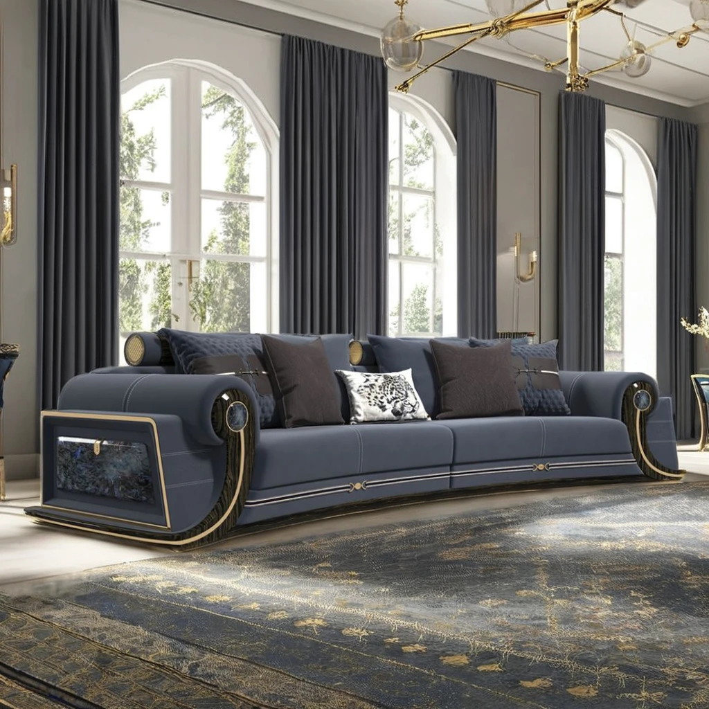 Original Design Luxury Sofa Genuine Leather Natural jadeite luxury stone Wood Frame Villa Living Room Sofa Furniture