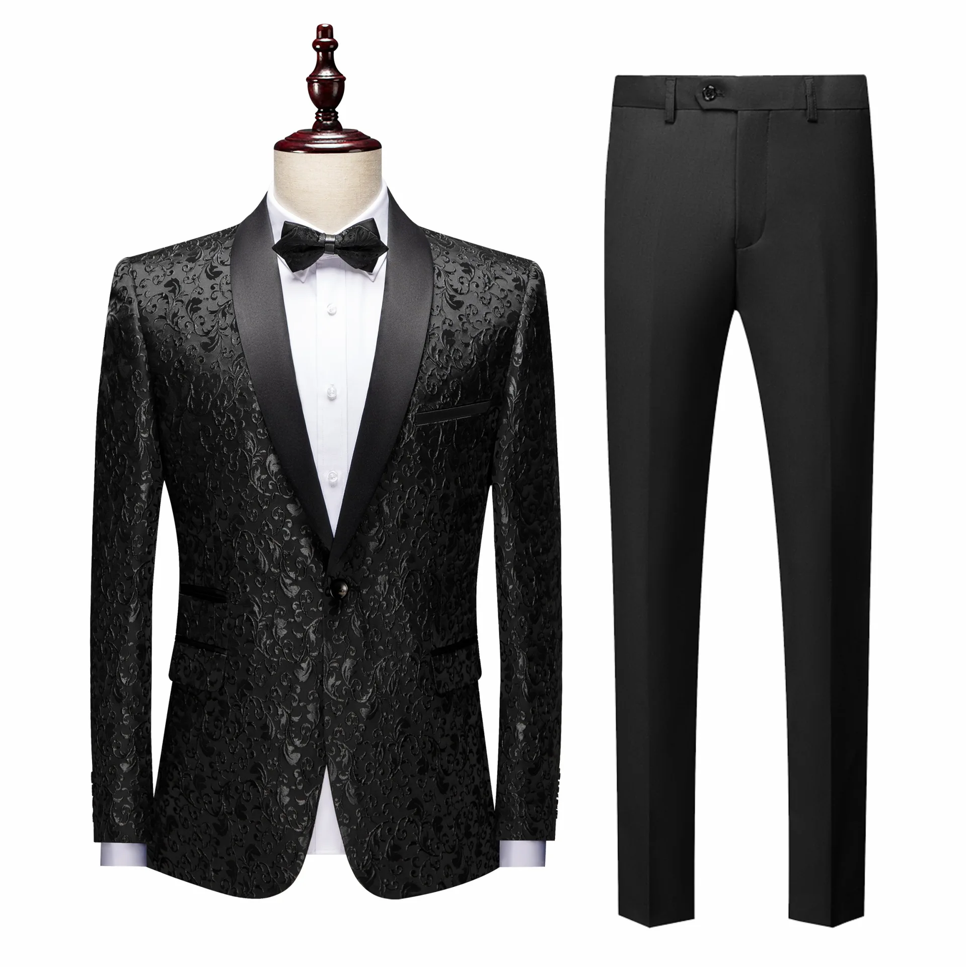2024 new business Men Suits 3 Pieces Groom Tuxedos Black Flat Collar Wedding Suits shining Jacket blazer with Pants set