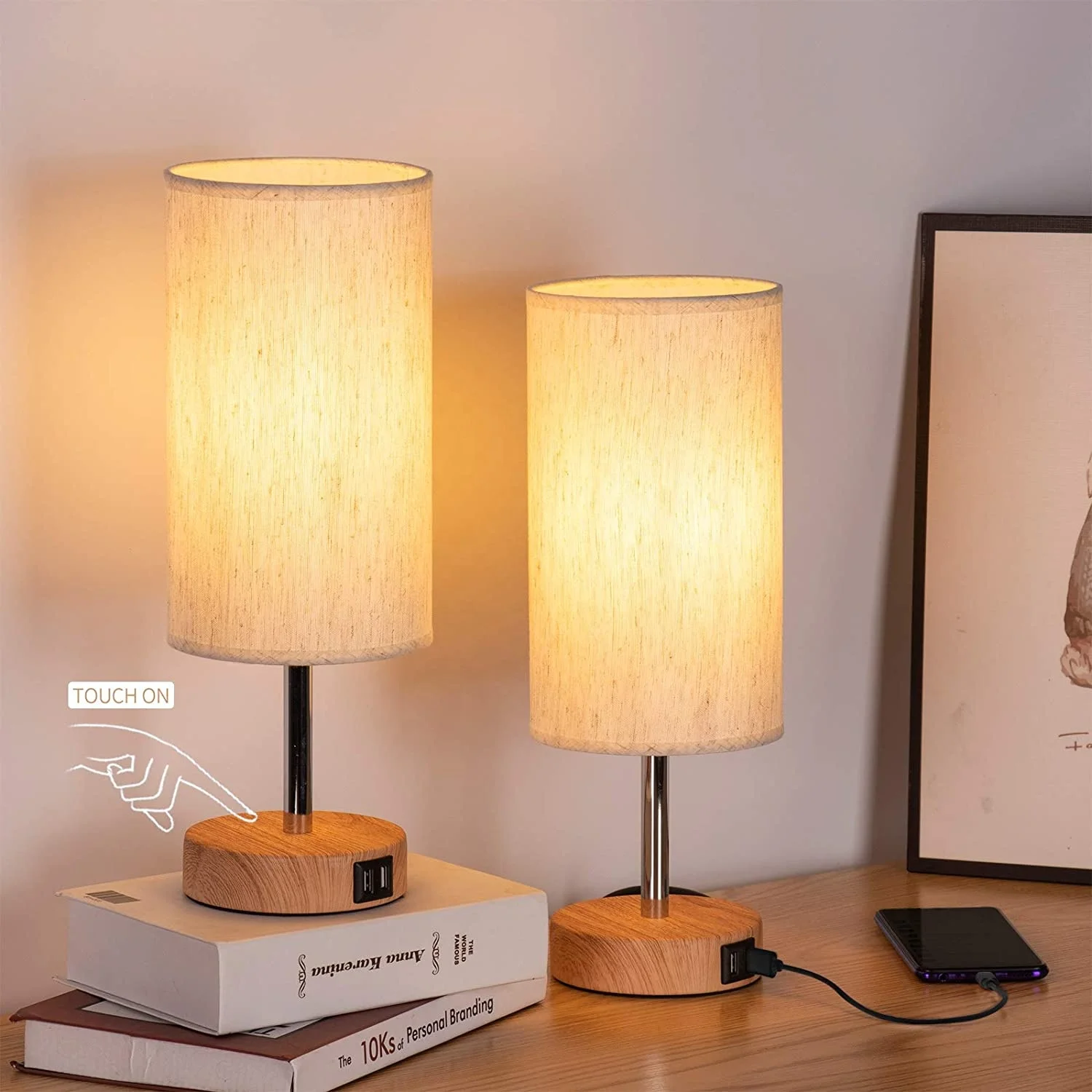 Touch Switch Double Usb OutputPopular Modern Style Wooden Table Lamp Holder Base Touch Control Table Lamp