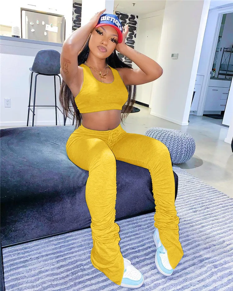 2020 Women Solid Color Yoga Slit Pants Joggers Sports Stacked Trousers Leggings Stacked For Women Two Piece Set