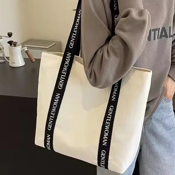 logo printed popular Canvas Casual Tote Bag with strong nylon handle silk printing School Handbag Wide handle Strap Shoulder