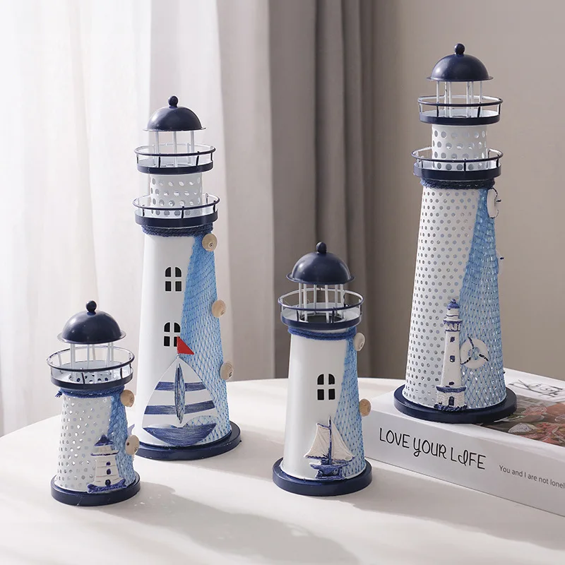 Mediterranean LED tin lighthouse 19cm electronic lights seven coloured lights candelabra home desktop ornaments