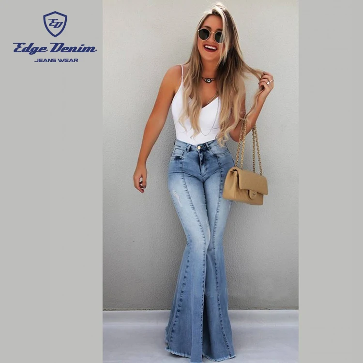 Latest design eco-friendly flare jeans front seams high waist acid blue wash jeans for women
