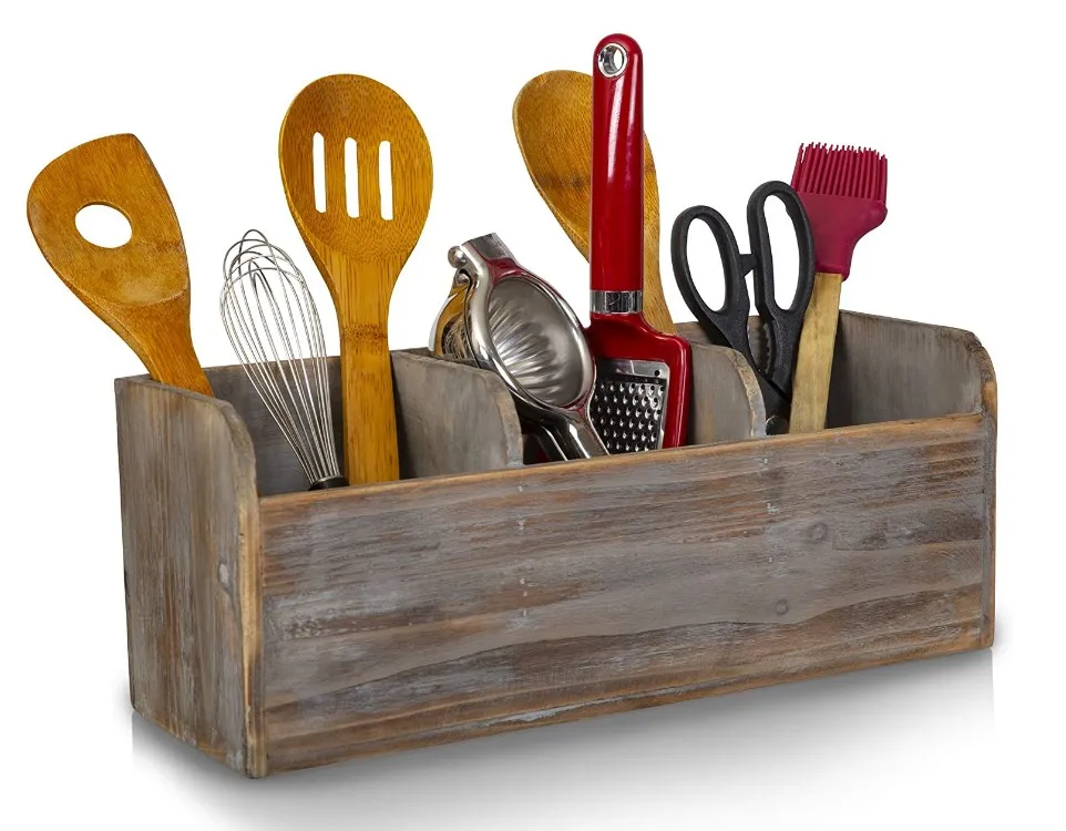 Rustic Wooden Kitchen Utensil Holder With 3 Compartments Torched Large Vintage Countertop Caddy For Cutlery Napkins Cups