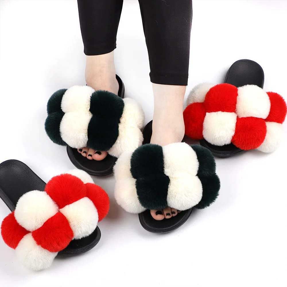 Newest Fashion Women Flat Slides Shoes Cute Pom Pom Ball Sandals Multi Colors Fluffy Faux Fur Ball Slippers