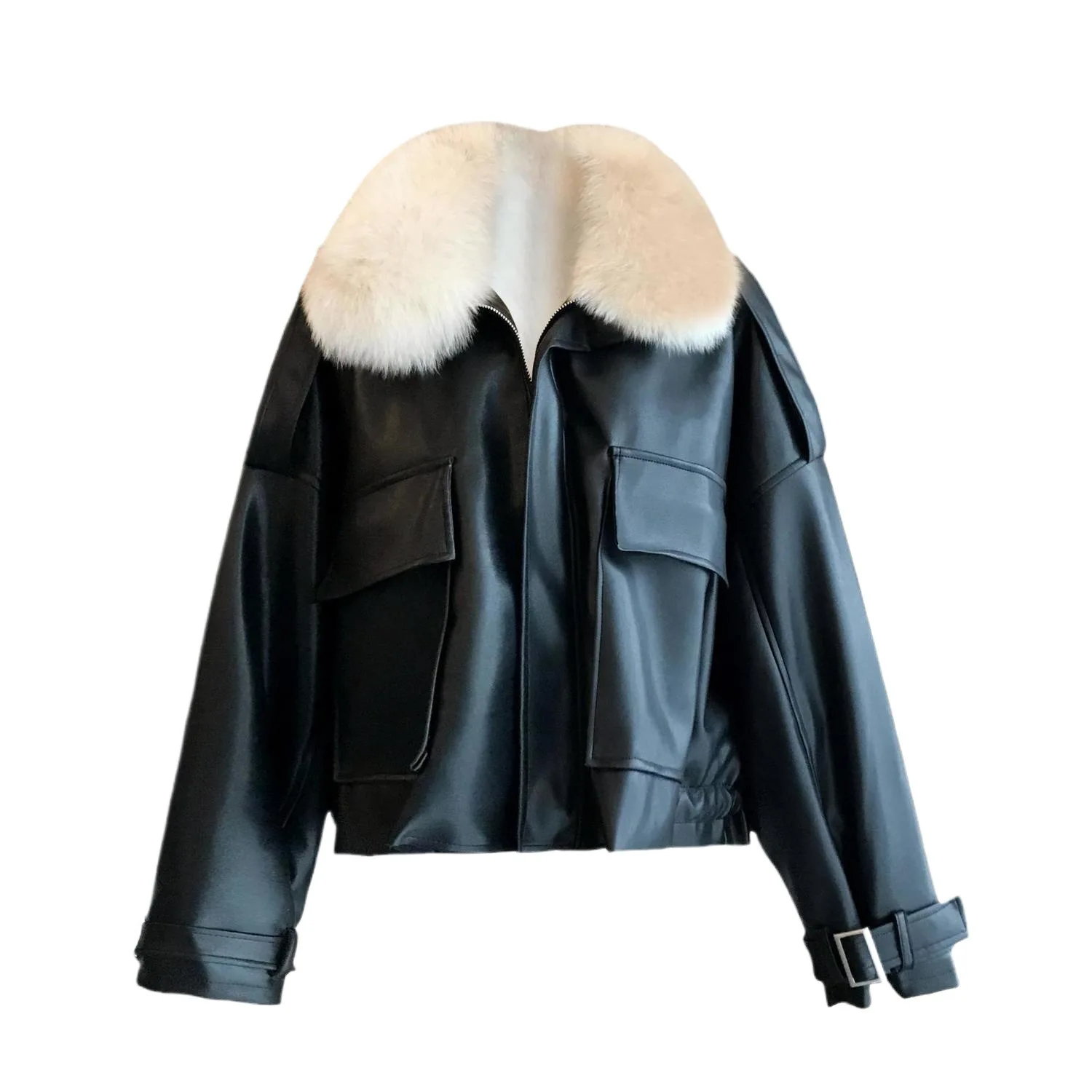 Women Short Leather Jacket Winter Warm Plus Velvet Thickened Imitation Fox Fur All-in-one Detachable Trendy Casual Large Pocket