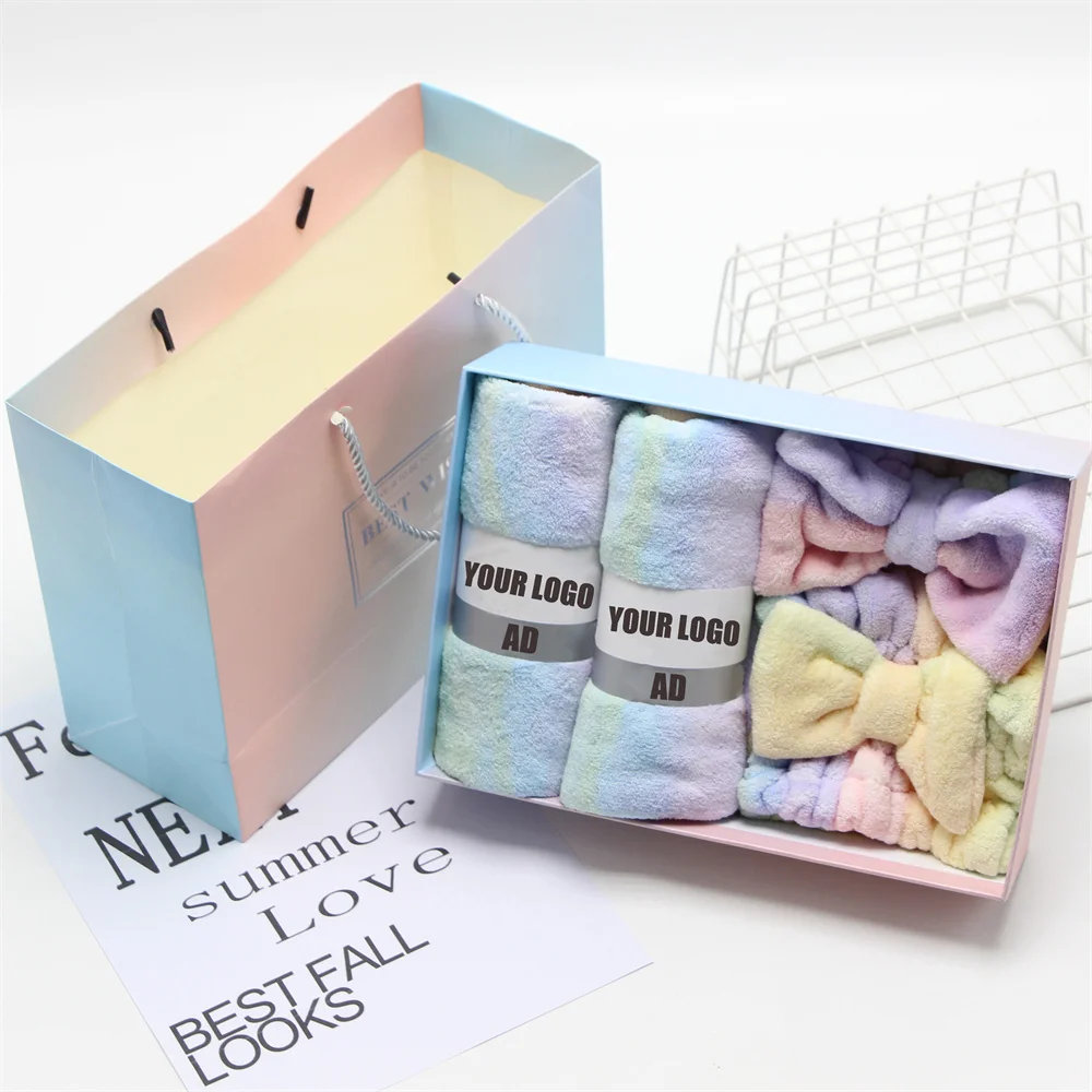 Customized coral velvet fabric set bath towel hair cap hair band shower gift set rainbow color fashion matching set