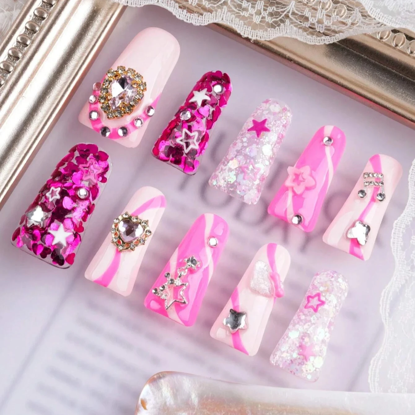 10pcs Exclusive Design Duck Nails Y2K Pink Glitter Handmade Press On Nails With 3D Gem Rhinestones
