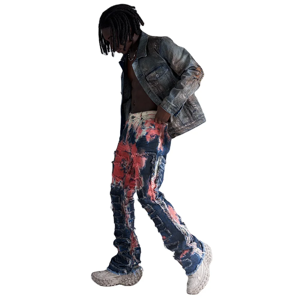 High Quality Custom Straight Flare Used Denim Baggy Distressed Stacked Jeans Men