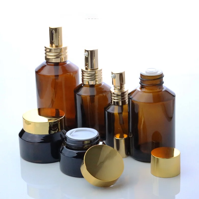 2021 New Design Skincare Packaging Empty Amber Glass Cream Jar  Cosmetic Dropper Bottle With Gold Serum Pump Dispenser (GSA01)