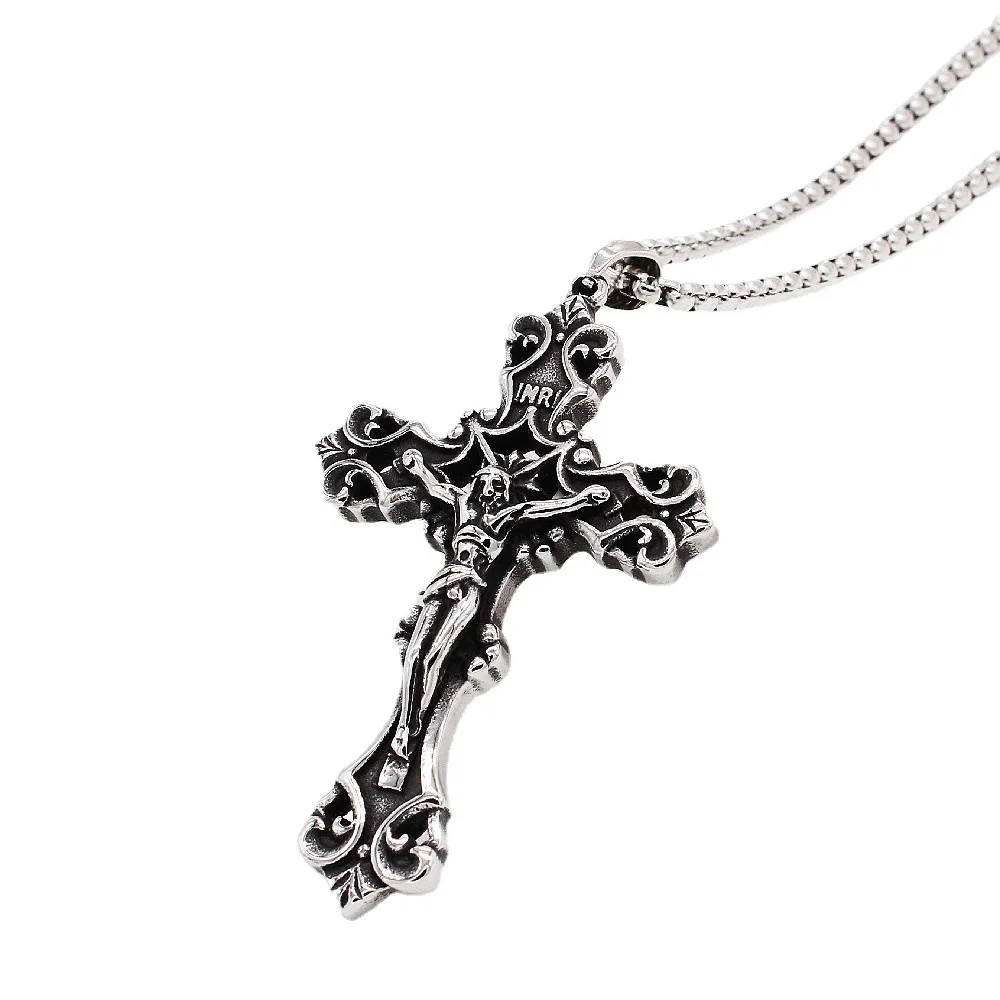 Retro religious christian stainless steel jesus cross necklace mens