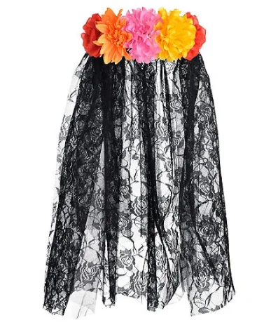 KANEKALON Floral Black Lace Veil - Day of the Dead clock showing day of week