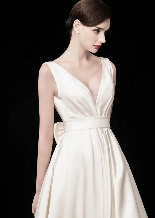 #10018 Satin High-Low Deep V-Neck Open Back Sleeveless Bowtie Wedding Gowns Birde Dress Vestido de novia Wedding Dress