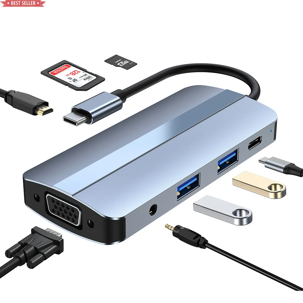 Высокоскоростной многофункциональный адаптер для быстрой зарядки USB 3,0 PD TF/SD-ридер VGA 4K HDTV Видео док-станция 8 в 1 концентратор