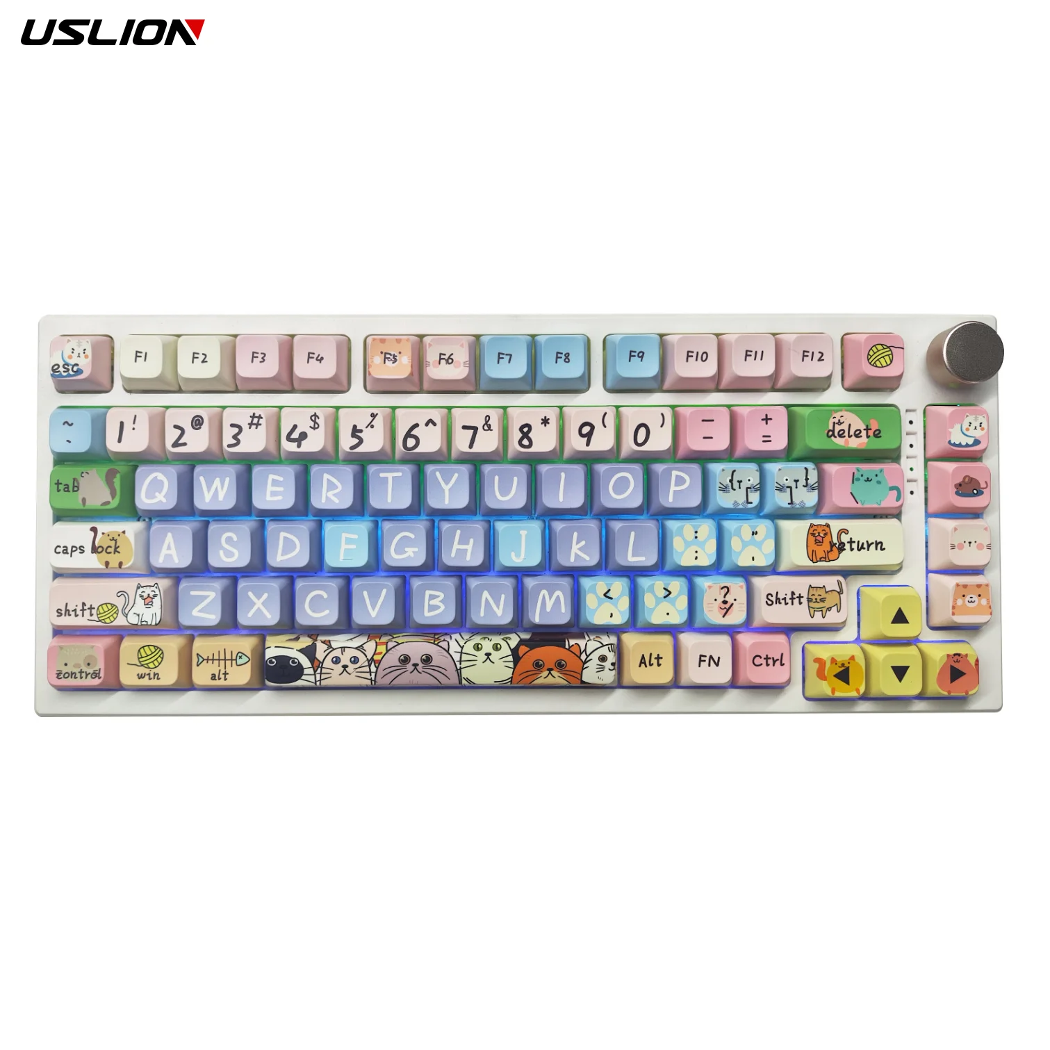 USLION 121 Keys Keycaps Cartoon Cat Theme M-O-A Profile PBT Keycaps Set for Mechanical Keyboard