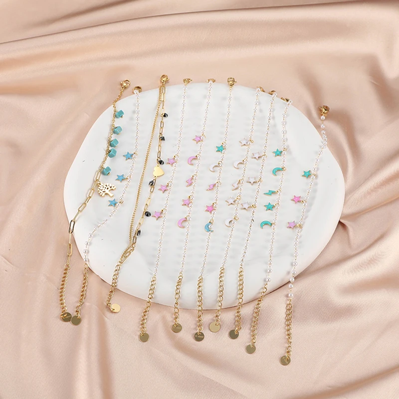 Stainless Steel Jewelry 18K Gold Plated drip oil stars moon enamel chain bracelets  Enamel Bracelet For Women