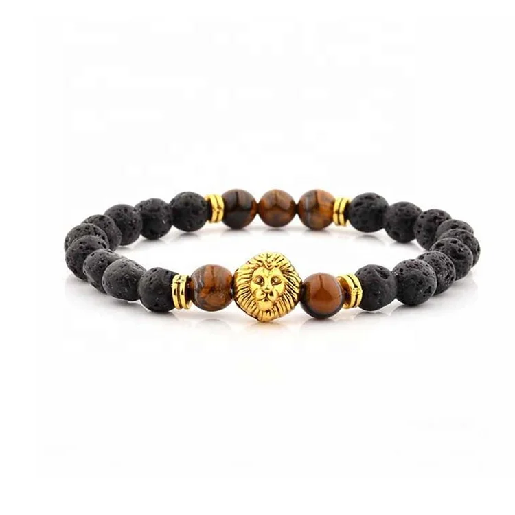 2020 Trendy Black Fashion Panther Head Black Agate Nature Onyx Beads Bracelet for Men