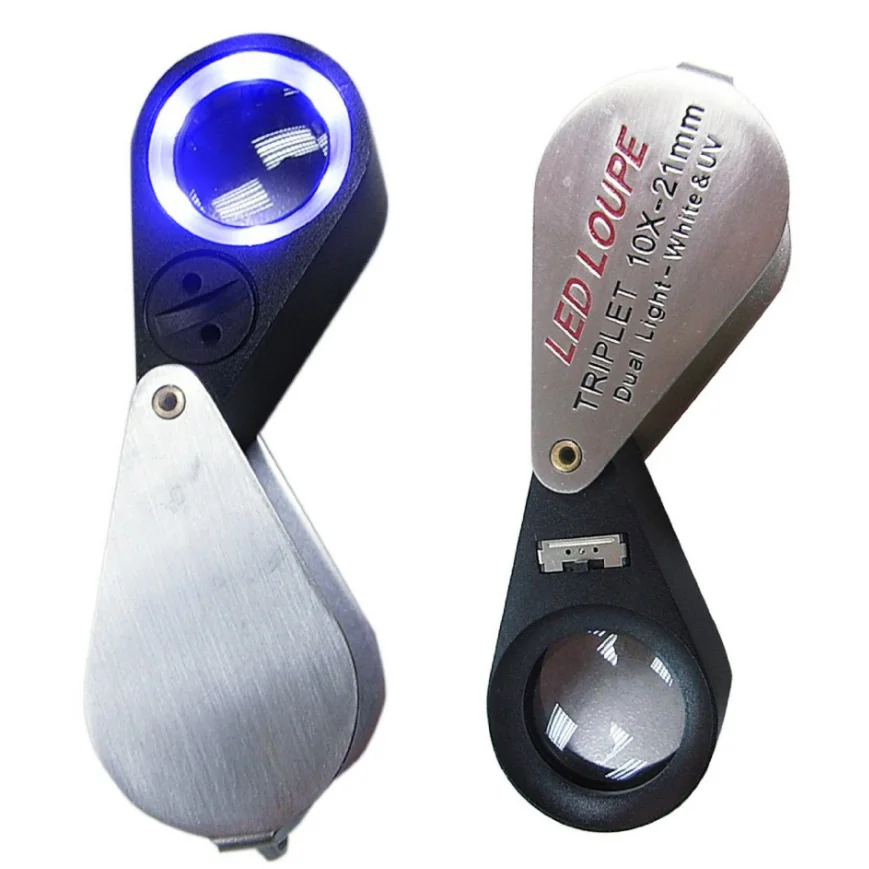 10x Mini Folding Jewelers Eye Loupe Optical Glass Magnifier 6 LED Light & UV Light Magnification