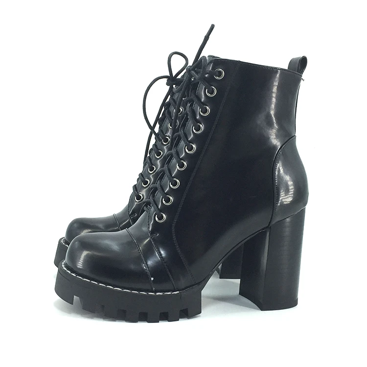 Block Heels Custom Dress Shoes Lace Up Shiny Black Patent Pu Leather Sexy Chunky Heel Platform Clear High Heel Boots