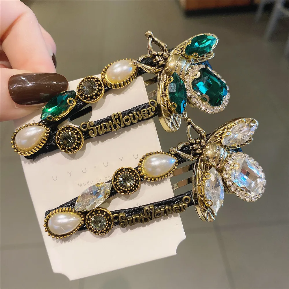 Europe and American hot sale pearl zircon bee retro crystal hairpin girls luxury hair clips