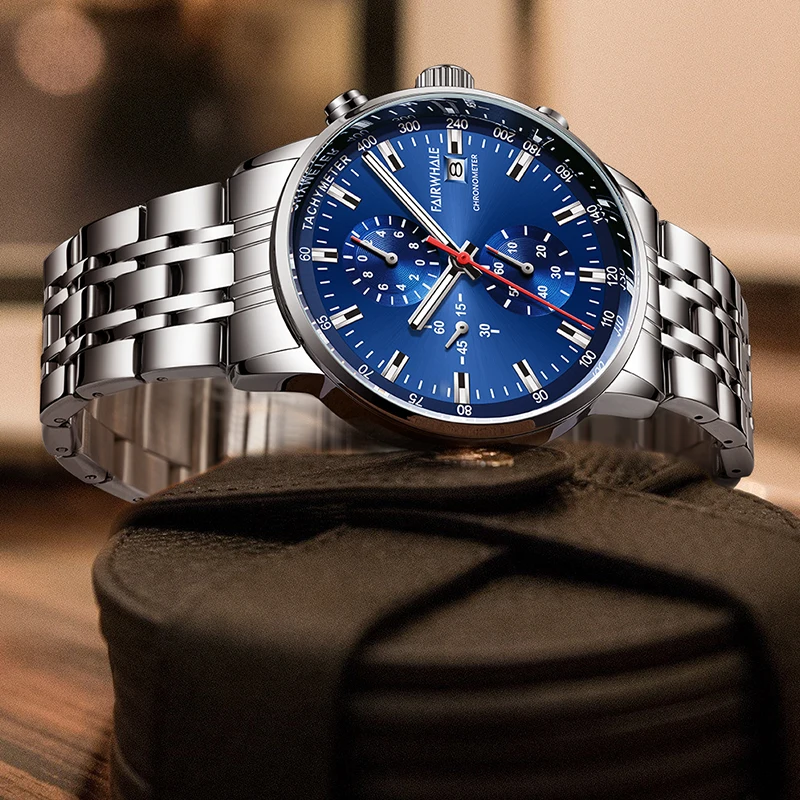 Fairwhale Men Classic Design Wrist Watch Luxury Chronograph Stainless Steel Strap Quartz Watch