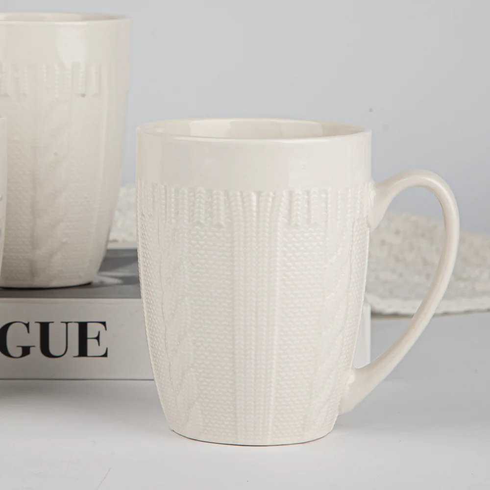 European Twist-pattern 350ML Large Capacity Handmade Ceramic Coffee Cup White Porcelain Mug With Custom Package