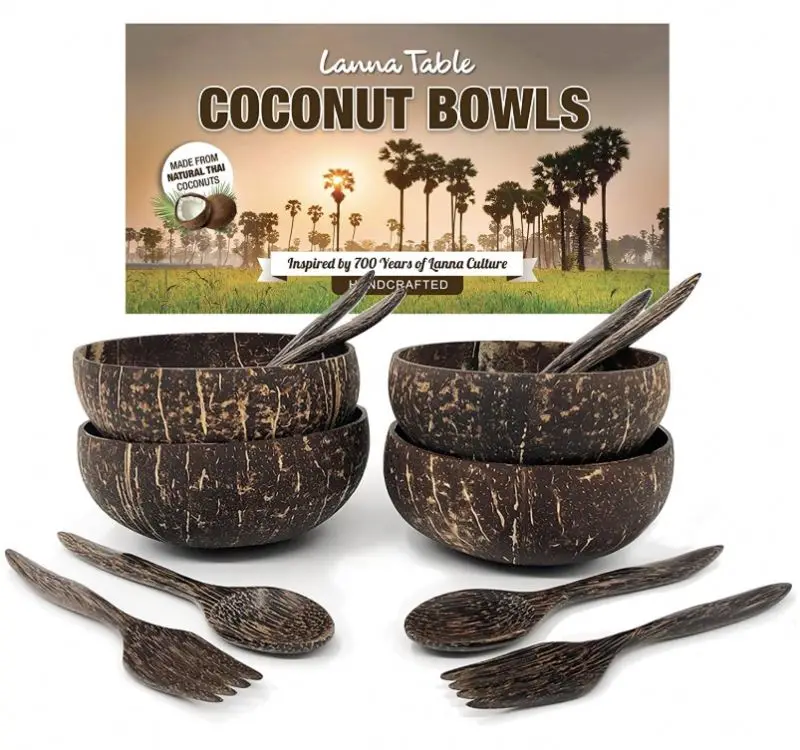 
Free LOGO Wholesale Natural Lacquered Handmade Craft Smoothie Bowls Spoon Set Logo Organic Coconut Shell Salad Bowl 