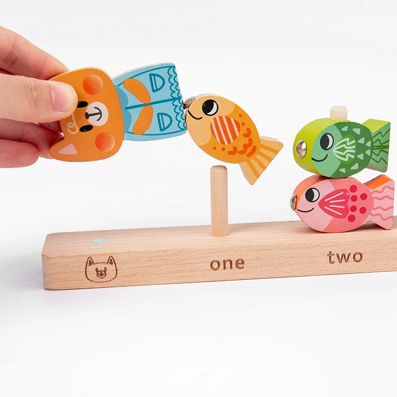Factory Wooden 2 in 1 Cat Fishing Toys with Magnets for Toddlers Wooden Column Toys for Kids