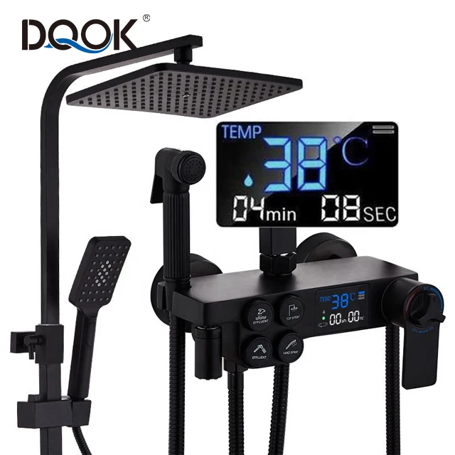 DQOK Black Led Display Digital Thermostatic Shower Faucet Set 4 Function Rainfall Shower System With Bathroom Shelf