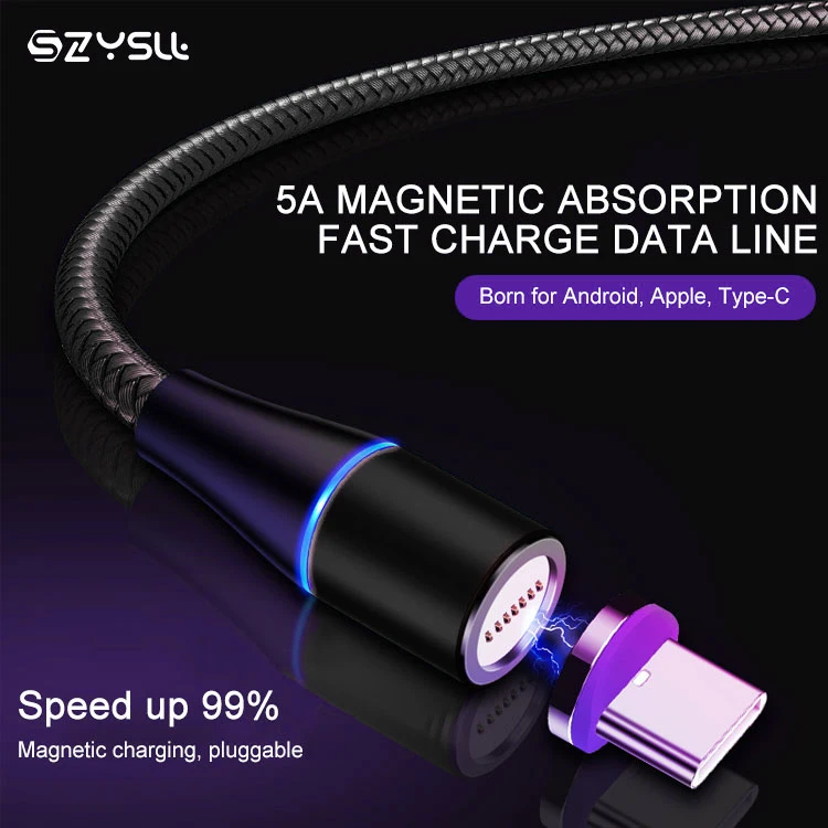 
360 Led 1M 2M Type C Micro Magnet 3 In 1 Data 5A Fast Charging Magnetic Phone Cable 