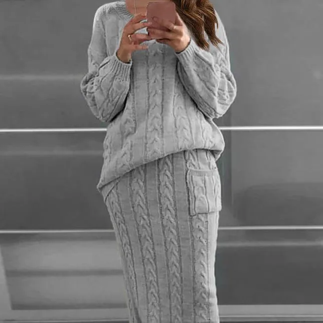 Plus Size Knit Ribbed Solid Color Long Sleeve Hemp Cable Woven Sweater Set Skirt 2 Piece Set Women Fall 2021