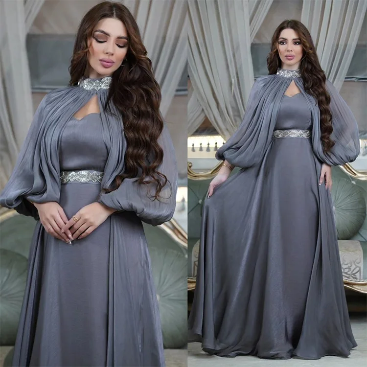 2 Pieces Set Arab Abaya Silk Satin Modest Maxi Long Dresses Women Muslim Party Gown Diamond Muslim Evening Dresses