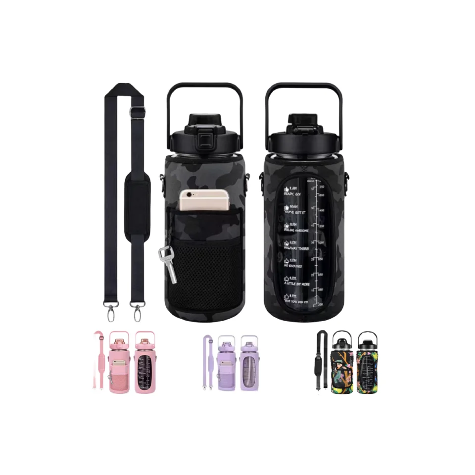 64oz/2000ml Leakproof Motivational Women Men Water Jug With Reusable Insulated Neoprene Holder Pouch Carrier Bag
