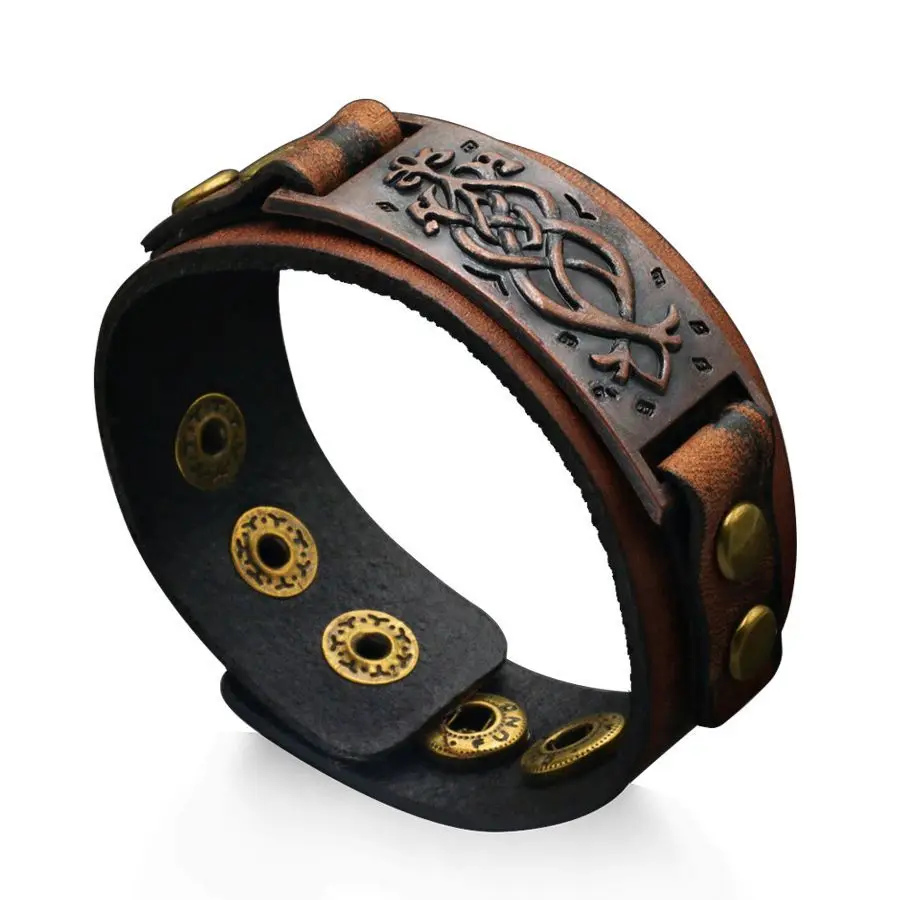 Retro Punk Genuine Leather Wide Belt Bangle Bracelet Rock Wristband Cuff Vintage Totem Metal Viking Leather Bracelet